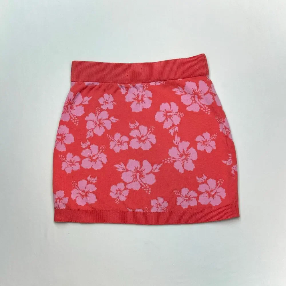 Art Class Hibiscus Knit Mini Skirt L 10/12 Red Pink Floral Y2K Coconut Girl Boho - Picture 5 of 10